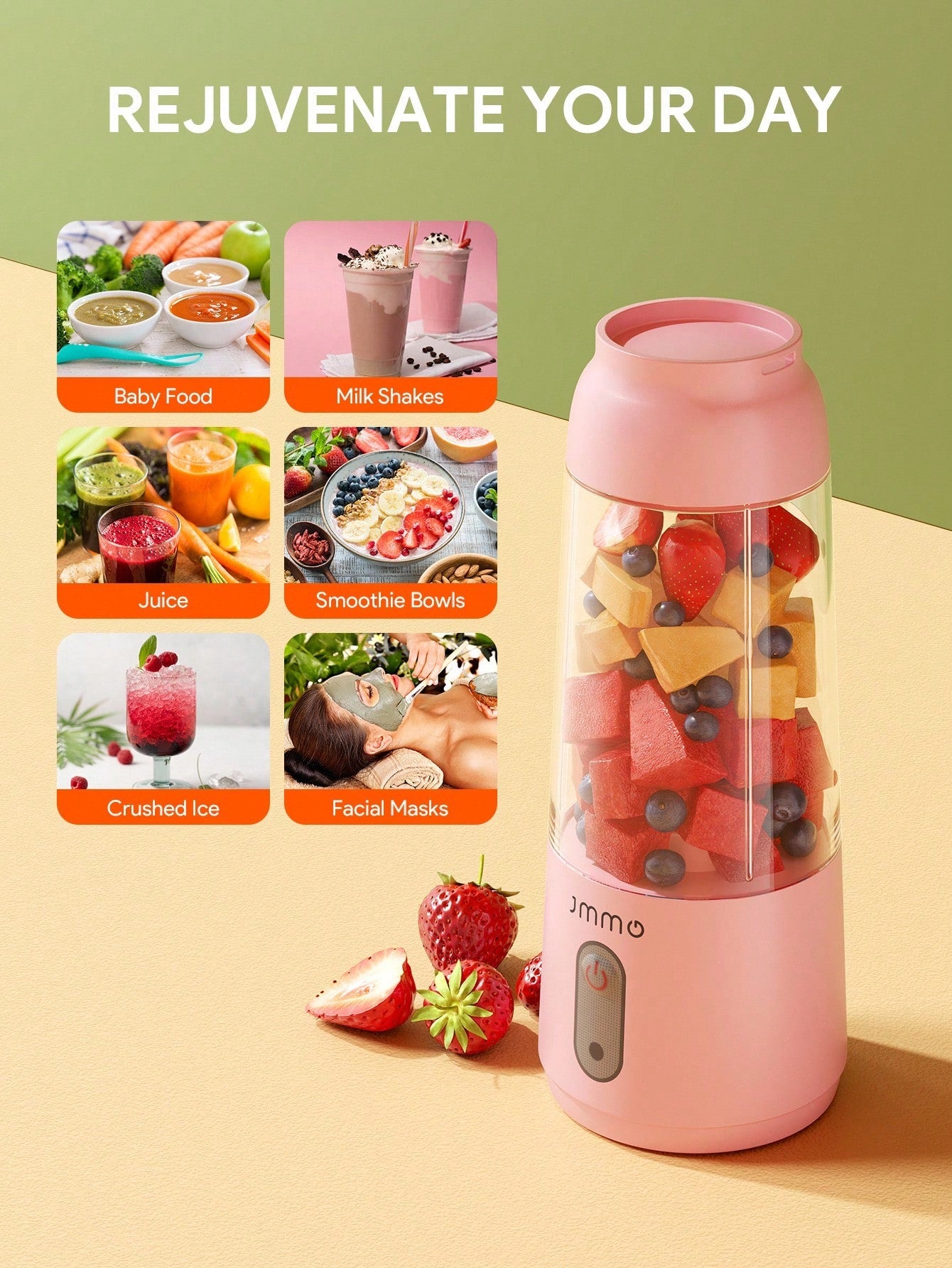 JMMO Electric Portable Juicer,Portable Blender Juicer,Personal Size Blender Smoothies and Shakes,Mini Blender USB Rechargeable,Handheld Blender Sports,High Speed & Long Battery Life for Travel Home 300ML