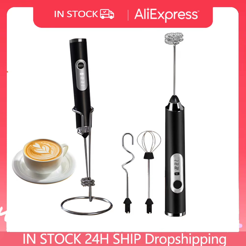 Electric Milk Frothers Wireless Handheld Milk Foamer Blender Coffee Maker Whisk Mixer Cappuccino Cream Egg Beater with Stand